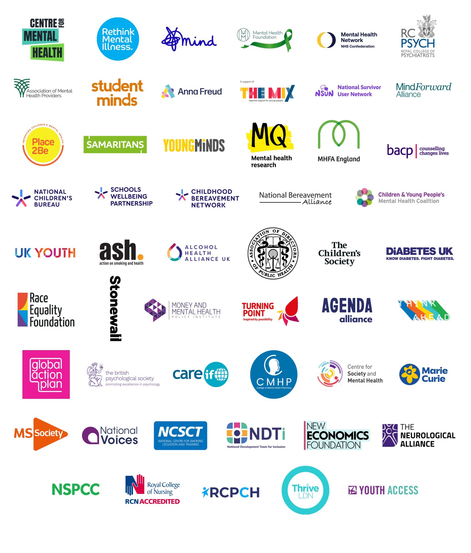 Logos of 52 organisations supporting A Mentally Healthier Nation: Centre for Mental Health, Mental Health Foundation, Mind, NHS Confederation’s Mental Health Network, Rethink Mental Illness, Royal College of Psychiatrists, Association of Mental Health Providers, Student Minds, Anna Freud Centre, The Mix, National Survivor User Network, Mind Forward Alliance, Place2Be, Samaritans, YoungMinds, MQ Mental Health Network, MHFA England, BACP, National Children's Bureau, Schools Wellbeing Partnership, Childhood Bereavement Network, National Bereavement Alliance, Children & Young People's Mental Health Coalition, UK Youth, ASH, Alcohol Health Alliance UK, Association of Directors of Public Health, The Children's Society, Diabetes UK, Race Equality Foundation, Stonewall, Money & Mental Health Policy Institute, Turning Point, Agenda Alliance, Think Ahead, Global Action Plan, BPS, CareIf, CMHP, Centre for Society & Mental Health, Marie Curie, MS Society, National Voices, NCSCT, NDTI, New Economics Foundation, The Neurological Alliance, NSPCC, Royal College of Nursing, RCPCH, Thrive LDN & Youth Access