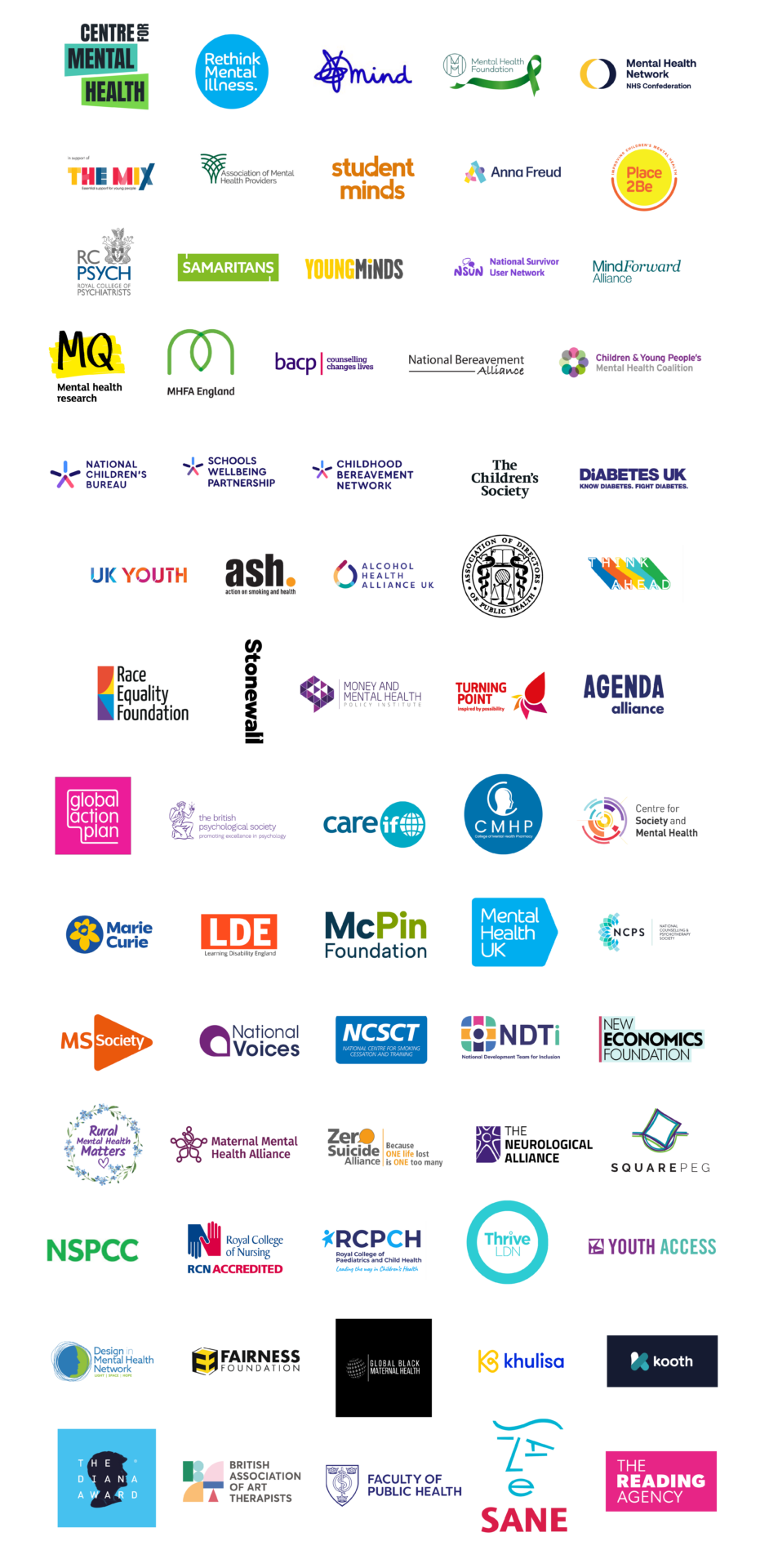 Logos of 70 organisations supporting A Mentally Healthier Nation: Centre for Mental Health, Mental Health Foundation, Mind, NHS Confederation’s Mental Health Network, Rethink Mental Illness, Royal College of Psychiatrists, Association of Mental Health Providers, Student Minds, Anna Freud Centre, The Mix, National Survivor User Network, Mind Forward Alliance, Place2Be, Samaritans, YoungMinds, MQ Mental Health Network, MHFA England, BACP, National Children's Bureau, Schools Wellbeing Partnership, Childhood Bereavement Network, National Bereavement Alliance, Children & Young People's Mental Health Coalition, UK Youth, ASH, Alcohol Health Alliance UK, Association of Directors of Public Health, The Children's Society, Diabetes UK, Race Equality Foundation, Stonewall, Money & Mental Health Policy Institute, Turning Point, Agenda Alliance, Think Ahead, Global Action Plan, BPS, CareIf, CMHP, Centre for Society & Mental Health, Marie Curie, MS Society, National Voices, NCSCT, NDTI, New Economics Foundation, The Neurological Alliance, NSPCC, Royal College of Nursing, RCPCH, Thrive LDN, Youth Access and others