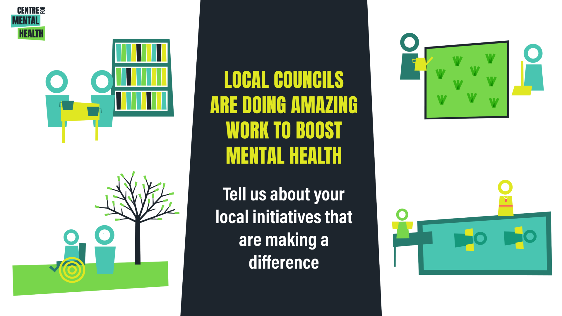 Illustrations of local community initiatives: two people chatting in a library; two people working on an allotment patch; a children's swimming lesson; two people in a park, one is in a wheelchair. Text reads: Local councils are doing amazing work to boost mental health. Tell us about your local initiatives that are making a difference.