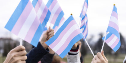 People holding transgender flags high in the sky
