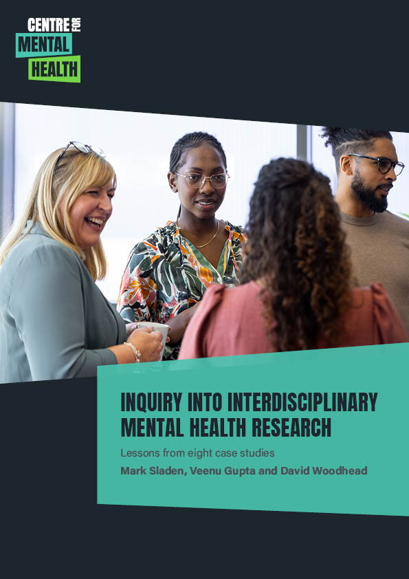 Research report cover with a photo of four people chatting in a bright office room. Text reads: Inquiry into interdisciplinary mental health research