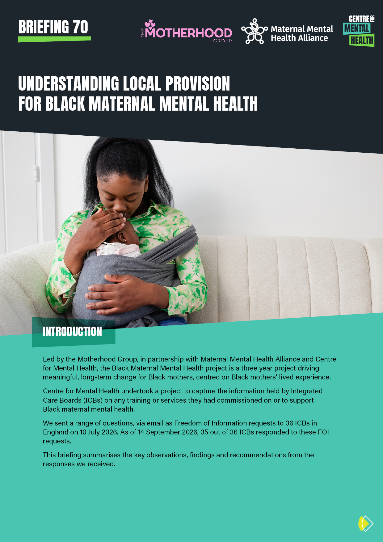 Front cover of the report titled Understanding local provision for Black maternal mental health with a photo of a Black woman on a sofa cradling a baby