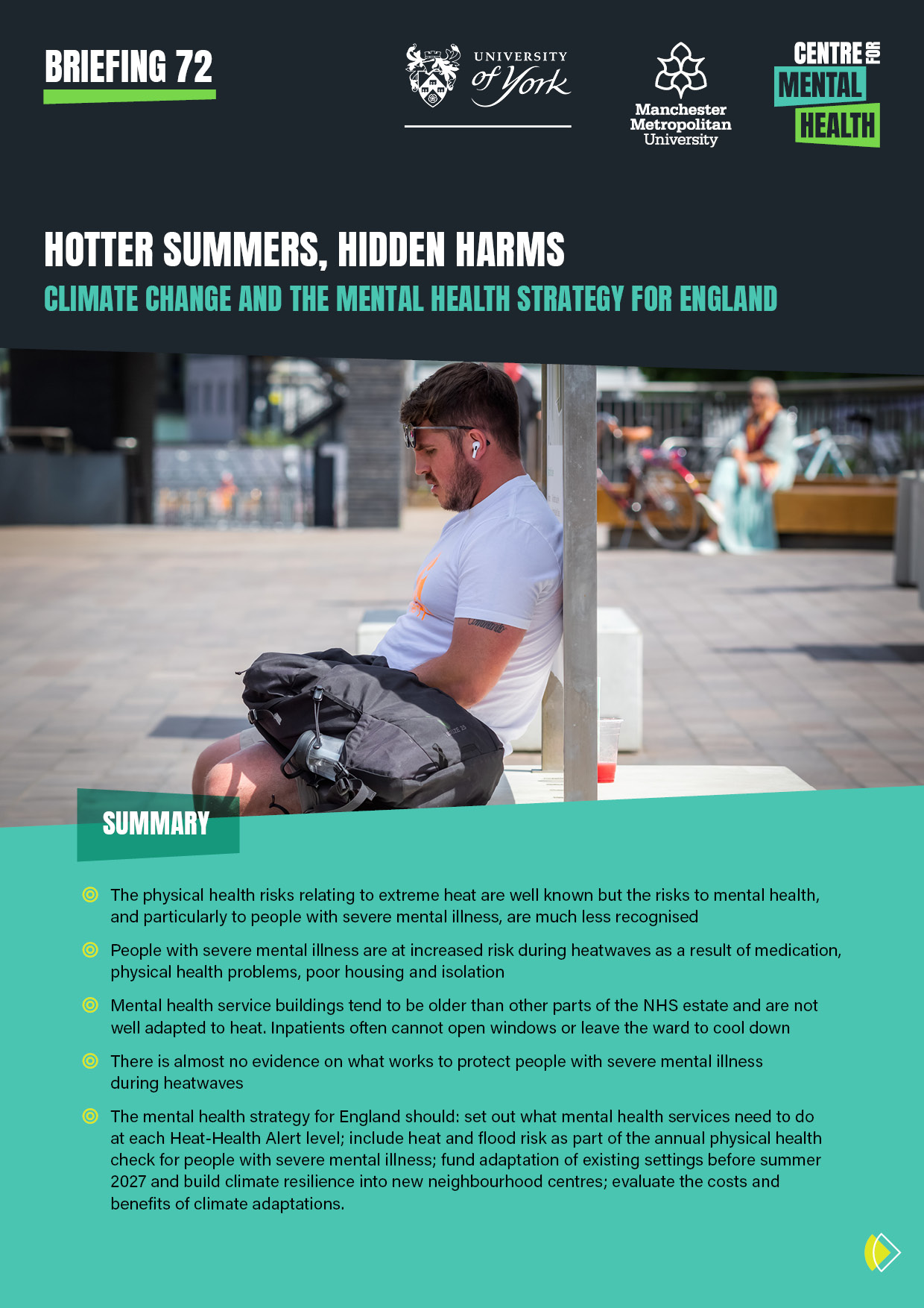 Report cover with an image of a man sitting in the shade on a hot day